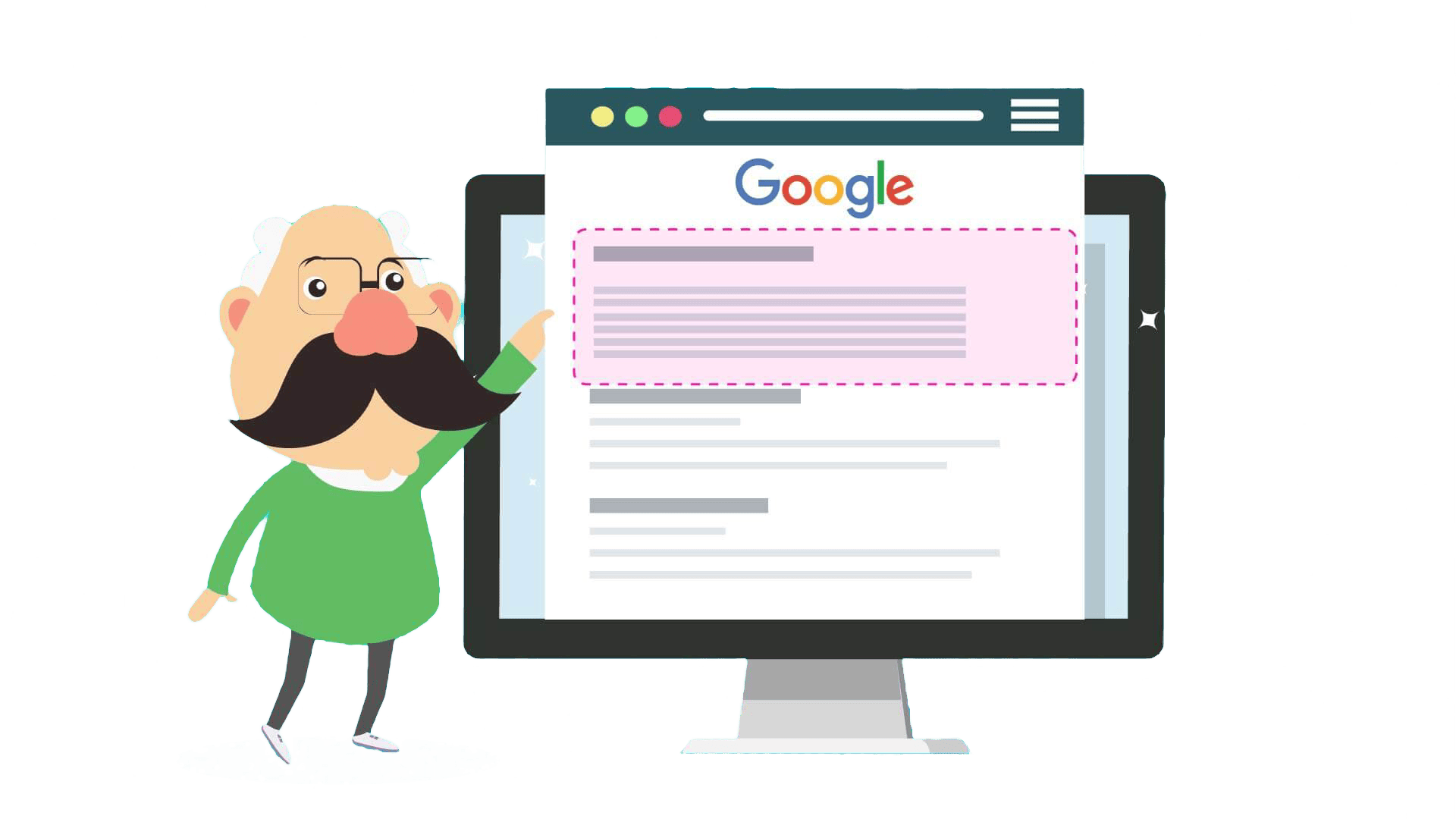 cartoon man showing google results on computer screen