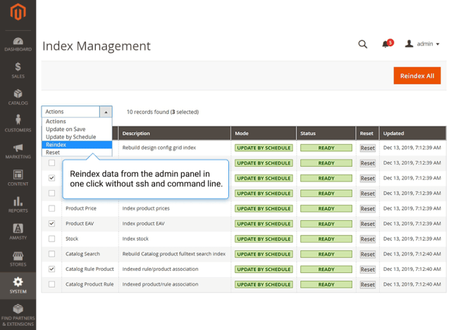screen shot of the Index Management in Magento 2 with the Amasty extension to simplify the process