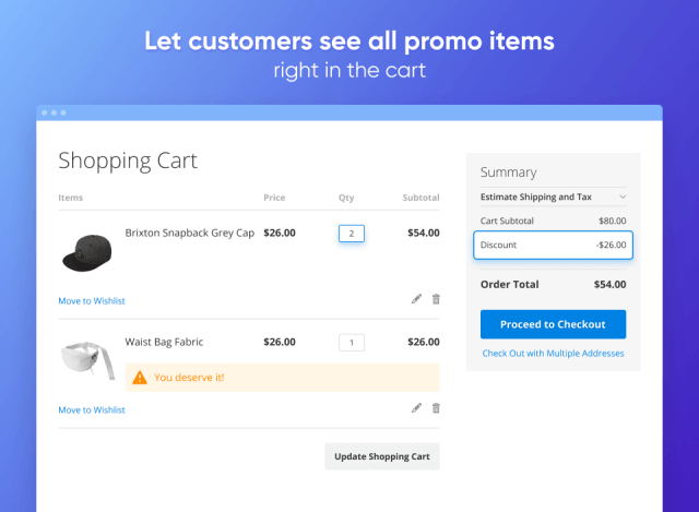 Screen shot of checkout page with the free gift listed with a price of $26, then a $26 discount on the pricing summary