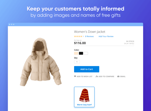 Example product Womens Down Jacket with a box under the add to cart button showing the free gift labeled Warm Cozy Scarf