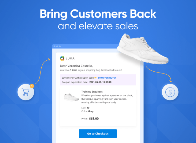 Example email showing the customer's name, the product they abandoned, and a discount on their purchase