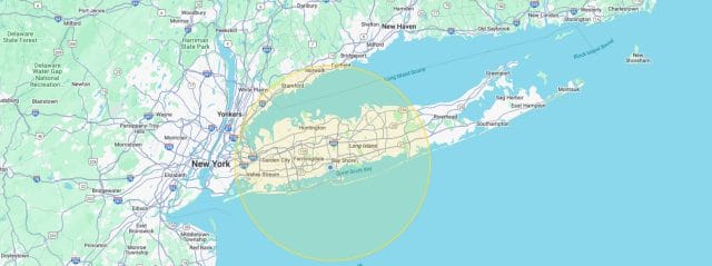 Map of Long Island showing a search radius of 25 miles around Babylon Village