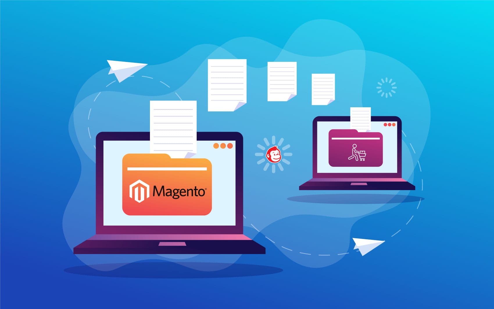 Graphic of Magento on screen with files flying to e-commerce checkout screen
